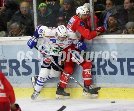 EBEL. Eishockey Bundesliga. KAC gegen VSV. Charles Robin Gartner, (KAC),  Patrick Spannring  (VSV). Klagenfurt, am 13.11.2018.
Foto: Kuess

---
pressefotos, pressefotografie, kuess, qs, qspictures, sport, bild, bilder, bilddatenbank
