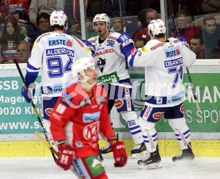 EBEL. Eishockey Bundesliga. KAC gegen VSV. Torjubel Brandon Alderson, Bernd Wolf, Jason Desantis (VSV). Klagenfurt, am 13.11.2018.
Foto: Kuess

---
pressefotos, pressefotografie, kuess, qs, qspictures, sport, bild, bilder, bilddatenbank