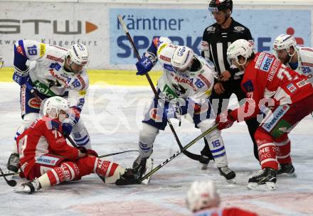 EBEL. Eishockey Bundesliga. KAC gegen VSV. Mitch Wahl, Thomas Hundertpfund,  (KAC), Stefan Bacher, MacGregor Sharp (VSV). Klagenfurt, am 13.11.2018.
Foto: Kuess

---
pressefotos, pressefotografie, kuess, qs, qspictures, sport, bild, bilder, bilddatenbank