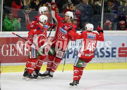 EBEL. Eishockey Bundesliga. KAC gegen VSV. Torjubel Adam Comrie, Charles Robin Gartner, Thomas HUndertpfund, Johannes Bischofberger (KAC). Klagenfurt, am 13.11.2018.
Foto: Kuess

---
pressefotos, pressefotografie, kuess, qs, qspictures, sport, bild, bilder, bilddatenbank