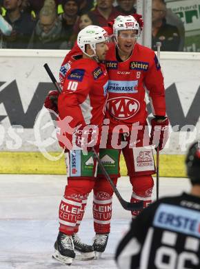 EBEL. Eishockey Bundesliga. KAC gegen VSV. Torjubel Andrew Jacob Kozek, Nicholas Eric Petersen (KAC). Klagenfurt, am 13.11.2018.
Foto: Kuess

---
pressefotos, pressefotografie, kuess, qs, qspictures, sport, bild, bilder, bilddatenbank