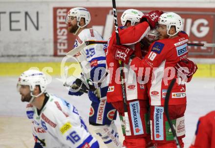 EBEL. Eishockey Bundesliga. KAC gegen VSV. Torjubel Andrew Jacob Kozek, Nicholas Eric Petersen, Stefan Geier (KAC). Klagenfurt, am 13.11.2018.
Foto: Kuess

---
pressefotos, pressefotografie, kuess, qs, qspictures, sport, bild, bilder, bilddatenbank