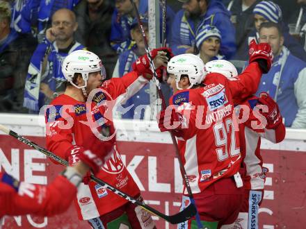 EBEL. Eishockey Bundesliga. KAC gegen VSV. Torjubel Johannes Bischofberger, Clemens Unterweger, Thomas Hundertpfund (KAC). Klagenfurt, am 13.11.2018.
Foto: Kuess

---
pressefotos, pressefotografie, kuess, qs, qspictures, sport, bild, bilder, bilddatenbank
