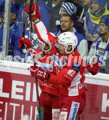 EBEL. Eishockey Bundesliga. KAC gegen VSV.  Torjubel Johannes Bischofberger, Clemens Unterweger (KAC). Klagenfurt, am 13.11.2018.
Foto: Kuess

---
pressefotos, pressefotografie, kuess, qs, qspictures, sport, bild, bilder, bilddatenbank