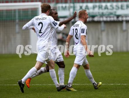 Fussball 2. Liga. SK Austria Klagenfurt gegen FC Liefering. Torjubel Markus Rusek, Ousseini Nji Mfifen Mounpain, Scott Fitzgerald Kennedy (Austria Klagenfurt). Klagenfurt, 24.11.2018.
Foto: Kuess
---
pressefotos, pressefotografie, kuess, qs, qspictures, sport, bild, bilder, bilddatenbank