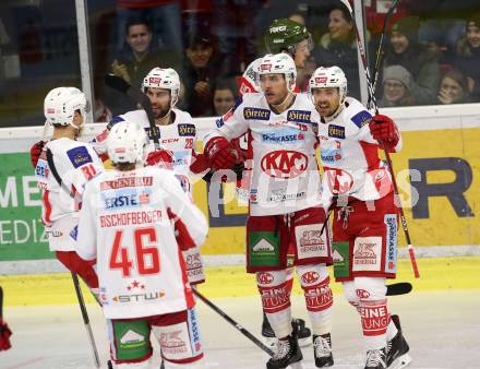 EBEL. Eishockey Bundesliga. KAC gegen HCB Suedtirol Alperia. Torjubel Wahl Mitch, Schumnig Martin, Gartner Charles Robin, Richter Marco, Bischofberger Johannes (KAC). Klagenfurt, am 25.11.2018.
Foto: Kuess

---
pressefotos, pressefotografie, kuess, qs, qspictures, sport, bild, bilder, bilddatenbank