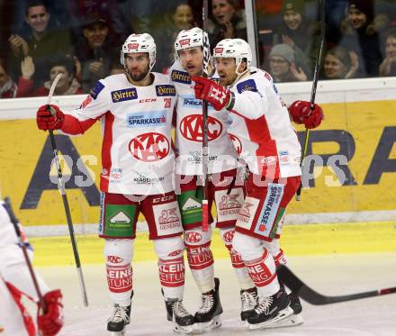 EBEL. Eishockey Bundesliga. KAC gegen HCB Suedtirol Alperia. Torjubel Wahl Mitch, Schumnig Martin, Gartner Charles Robin, Richter Marco, (KAC). Klagenfurt, am 25.11.2018.
Foto: Kuess

---
pressefotos, pressefotografie, kuess, qs, qspictures, sport, bild, bilder, bilddatenbank
