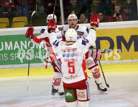 EBEL. Eishockey Bundesliga. KAC gegen HCB Suedtirol Alperia. Torjubel Wahl Mitch, Schumnig Martin (KAC). Klagenfurt, am 25.11.2018.
Foto: Kuess

---
pressefotos, pressefotografie, kuess, qs, qspictures, sport, bild, bilder, bilddatenbank