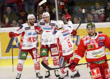 EBEL. Eishockey Bundesliga. KAC gegen HCB Suedtirol Alperia. Torjubel Wahl Mitch, Schumnig Martin, Gartner Charles Robin, Richter Marco, (KAC). Klagenfurt, am 25.11.2018.
Foto: Kuess

---
pressefotos, pressefotografie, kuess, qs, qspictures, sport, bild, bilder, bilddatenbank