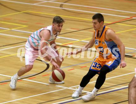 Basketball 2. Bundesliga. Grunddurchgang 8. Runde. Raiders Villach gegen BBU Salzburg.  Ziga Erculj, (Villach), Goran Simic  (Salzburg). Klagenfurt, am 25.11.2018.
Foto: Kuess
---
pressefotos, pressefotografie, kuess, qs, qspictures, sport, bild, bilder, bilddatenbank