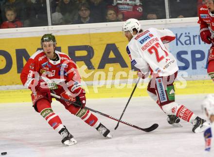 EBEL. Eishockey Bundesliga. KAC gegen HCB Suedtirol Alperia. Hundertpfund Thomas (KAC), Geiger Paul (Bozen). Klagenfurt, am 25.11.2018.
Foto: Kuess

---
pressefotos, pressefotografie, kuess, qs, qspictures, sport, bild, bilder, bilddatenbank