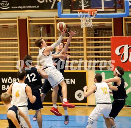 Basketball 2. Bundesliga. Grunddurchgang 8. Runde. Woerthersee Piraten gegen BBC Nord Dragonz Eisenstadt. Lukas Simoner  (Woerthersee Piraten), 	Lukas Knor (BBC Nord Dragonz). Klagenfurt, am 24.11.2018.
Foto: Kuess
---
pressefotos, pressefotografie, kuess, qs, qspictures, sport, bild, bilder, bilddatenbank