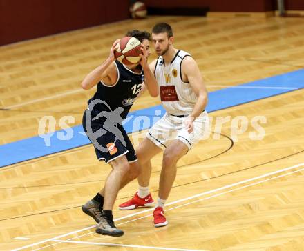 Basketball 2. Bundesliga. Grunddurchgang 8. Runde. Woerthersee Piraten gegen BBC Nord Dragonz Eisenstadt.  Matic Sirnik (Woerthersee Piraten),  Lukas Baumgartner (BBC Nord Dragonz). Klagenfurt, am 24.11.2018.
Foto: Kuess
---
pressefotos, pressefotografie, kuess, qs, qspictures, sport, bild, bilder, bilddatenbank