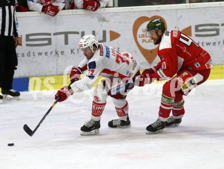 EBEL. Eishockey Bundesliga. KAC gegen HCB Suedtirol Alperia. Liivik Siim  (KAC), Nordlund Markus (Bozen). Klagenfurt, am 25.11.2018.
Foto: Kuess

---
pressefotos, pressefotografie, kuess, qs, qspictures, sport, bild, bilder, bilddatenbank