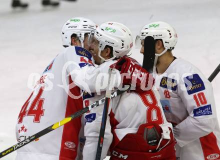 EBEL. Eishockey Bundesliga. KAC gegen HCB Suedtirol Alperia. Torjubel  Petersen Nicholas Eric, Comrie Adam, Kozek Andrew Jacob (KAC). Klagenfurt, am 25.11.2018.
Foto: Kuess

---
pressefotos, pressefotografie, kuess, qs, qspictures, sport, bild, bilder, bilddatenbank