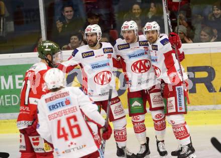 EBEL. Eishockey Bundesliga. KAC gegen HCB Suedtirol Alperia. Torjubel Wahl Mitch, Schumnig Martin, Gartner Charles Robin, Richter Marco, (KAC). Klagenfurt, am 25.11.2018.
Foto: Kuess

---
pressefotos, pressefotografie, kuess, qs, qspictures, sport, bild, bilder, bilddatenbank