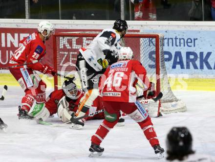 EBEL. Eishockey Bundesliga. KAC gegen Dornbirn Bulldogs. Haugen Lars, Schumnig Martin, Bischofberger Johannes,  (KAC), Dupont Brodie (Dornbirn). Klagenfurt, am 13.11.2018.
Foto: Kuess

---
pressefotos, pressefotografie, kuess, qs, qspictures, sport, bild, bilder, bilddatenbank