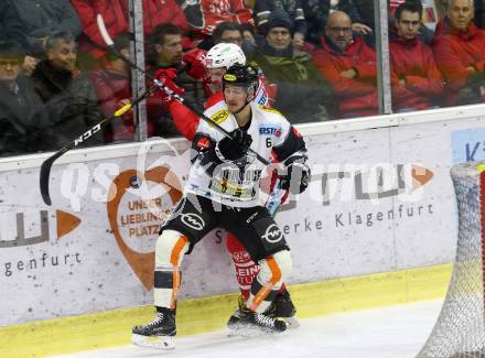 EBEL. Eishockey Bundesliga. KAC gegen Dornbirn Bulldogs. Liivik Siim  (KAC),  Gauthier Leduc Jerome (Dornbirn). Klagenfurt, am 13.11.2018.
Foto: Kuess

---
pressefotos, pressefotografie, kuess, qs, qspictures, sport, bild, bilder, bilddatenbank