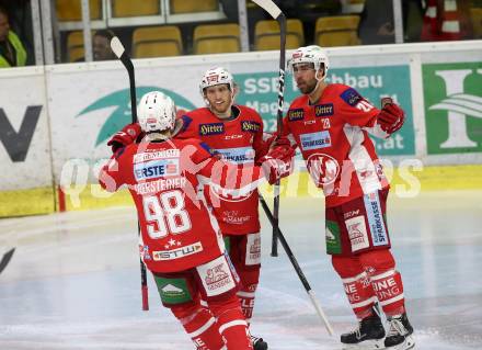 EBEL. Eishockey Bundesliga. KAC gegen Dornbirn Bulldogs. Torjubel Bischofberger Johannes, Schumnig Martin, Obersteiner Daniel,  (KAC). Klagenfurt, am 13.11.2018.
Foto: Kuess

---
pressefotos, pressefotografie, kuess, qs, qspictures, sport, bild, bilder, bilddatenbank