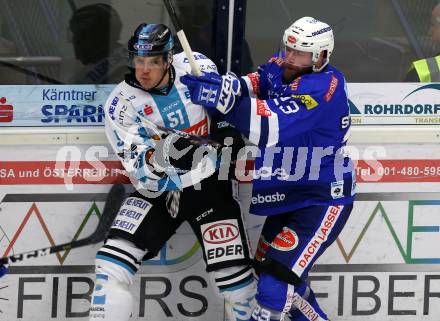 EBEL. Eishockey Bundesliga. EC VSV gegen EHC Liwest Black Wings Linz Markus Schlacher,  (VSV), Daniel Woger (Linz). Villach, am 27.11.2018.
Foto: Kuess 


---
pressefotos, pressefotografie, kuess, qs, qspictures, sport, bild, bilder, bilddatenbank