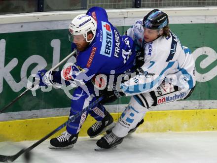 EBEL. Eishockey Bundesliga. EC VSV gegen EHC Liwest Black Wings Linz Jamie Fraser,  (VSV), Brian Lebler (Linz). Villach, am 27.11.2018.
Foto: Kuess 


---
pressefotos, pressefotografie, kuess, qs, qspictures, sport, bild, bilder, bilddatenbank