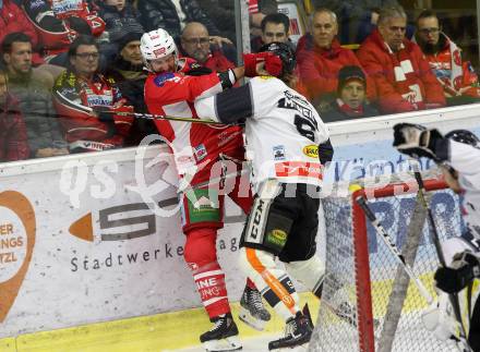 EBEL. Eishockey Bundesliga. KAC gegen Dornbirn Bulldogs. Fischer David Joseph (KAC), McNeill Reid Colin (Dornbirn). Klagenfurt, am 13.11.2018.
Foto: Kuess

---
pressefotos, pressefotografie, kuess, qs, qspictures, sport, bild, bilder, bilddatenbank