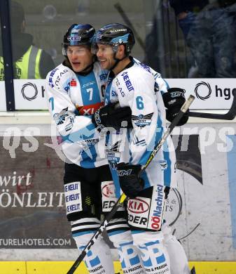 EBEL. Eishockey Bundesliga. EC VSV gegen EHC Liwest Black Wings Linz Torjubel Brian Lebler, Jonathan D Aversa (Linz). Villach, am 27.11.2018.
Foto: Kuess 


---
pressefotos, pressefotografie, kuess, qs, qspictures, sport, bild, bilder, bilddatenbank