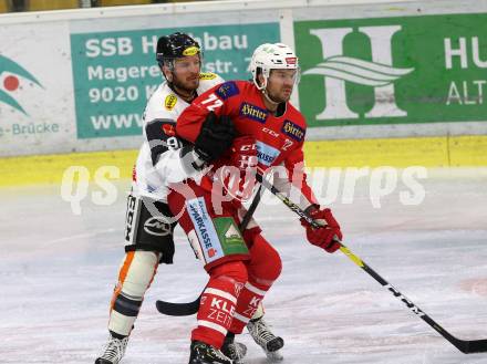 EBEL. Eishockey Bundesliga. KAC gegen Dornbirn Bulldogs. Liivik Siim (KAC),  Trotter Brock Alexander(Dornbirn). Klagenfurt, am 13.11.2018.
Foto: Kuess

---
pressefotos, pressefotografie, kuess, qs, qspictures, sport, bild, bilder, bilddatenbank