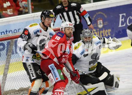 EBEL. Eishockey Bundesliga. KAC gegen Dornbirn Bulldogs. Kozek Andrew Jacob (KAC),  HaeuÃle Stefan, Rinne Juha Rasmus (Dornbirn). Klagenfurt, am 13.11.2018.
Foto: Kuess

---
pressefotos, pressefotografie, kuess, qs, qspictures, sport, bild, bilder, bilddatenbank