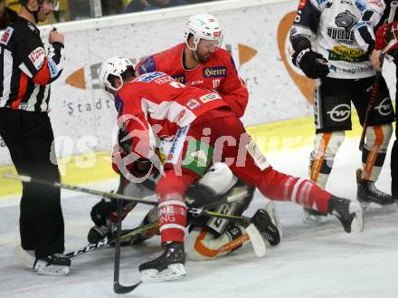 EBEL. Eishockey Bundesliga. KAC gegen Dornbirn Bulldogs. Kozek Andrew Jacob, Fischer David Joseph (KAC), McNeill Reid Colin (Dornbirn). Klagenfurt, am 13.11.2018.
Foto: Kuess

---
pressefotos, pressefotografie, kuess, qs, qspictures, sport, bild, bilder, bilddatenbank