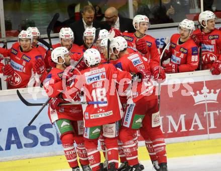 EBEL. Eishockey Bundesliga. KAC gegen Dornbirn Bulldogs. Torjubel (KAC). Klagenfurt, am 13.11.2018.
Foto: Kuess

---
pressefotos, pressefotografie, kuess, qs, qspictures, sport, bild, bilder, bilddatenbank