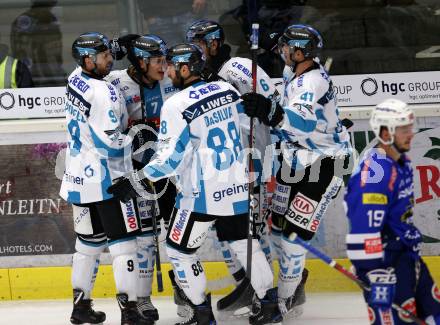 EBEL. Eishockey Bundesliga. EC VSV gegen EHC Liwest Black Wings Linz Torjubel Brian Lebler, Jonathan D Aversa, Rick Schofield, Dan Dasilva, Mario Altmann (Linz). Villach, am 27.11.2018.
Foto: Kuess 


---
pressefotos, pressefotografie, kuess, qs, qspictures, sport, bild, bilder, bilddatenbank