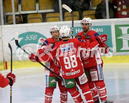 EBEL. Eishockey Bundesliga. KAC gegen Dornbirn Bulldogs. Torjubel Bischofberger Johannes, Schumnig Martin, Obersteiner Daniel,   (KAC). Klagenfurt, am 13.11.2018.
Foto: Kuess

---
pressefotos, pressefotografie, kuess, qs, qspictures, sport, bild, bilder, bilddatenbank