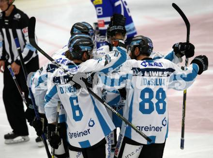 EBEL. Eishockey Bundesliga. EC VSV gegen EHC Liwest Black Wings Linz Torjubel Brian Lebler, Jonathan D Aversa, Dan DaSilva, Mario Altmann, Rick Schofield (Linz). Villach, am 27.11.2018.
Foto: Kuess 


---
pressefotos, pressefotografie, kuess, qs, qspictures, sport, bild, bilder, bilddatenbank
