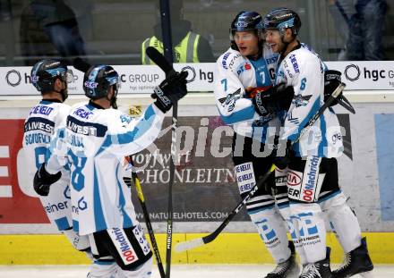 EBEL. Eishockey Bundesliga. EC VSV gegen EHC Liwest Black Wings Linz Torjubel Brian Lebler, Jonathan D Aversa, Rick Schofield, Dan Dasilva (Linz). Villach, am 27.11.2018.
Foto: Kuess 


---
pressefotos, pressefotografie, kuess, qs, qspictures, sport, bild, bilder, bilddatenbank