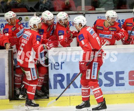EBEL. Eishockey Bundesliga. KAC gegen Dornbirn Bulldogs. Torjubel Petersen Nicholas Eric (KAC). Klagenfurt, am 13.11.2018.
Foto: Kuess

---
pressefotos, pressefotografie, kuess, qs, qspictures, sport, bild, bilder, bilddatenbank