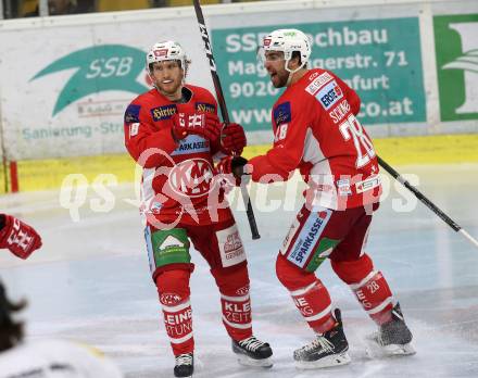 EBEL. Eishockey Bundesliga. KAC gegen Dornbirn Bulldogs. Torjubel Bischofberger Johannes, Schumnig Martin,  (KAC). Klagenfurt, am 13.11.2018.
Foto: Kuess

---
pressefotos, pressefotografie, kuess, qs, qspictures, sport, bild, bilder, bilddatenbank