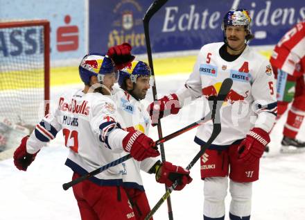 EBEL. Eishockey Bundesliga. KAC gegen EC Red Bull Salzburg.  Torjubel John Hughes, Heinrich Dominique, Thomas Raffl,  (Salzburg). Klagenfurt, am 30.11.2018.
Foto: Kuess

---
pressefotos, pressefotografie, kuess, qs, qspictures, sport, bild, bilder, bilddatenbank