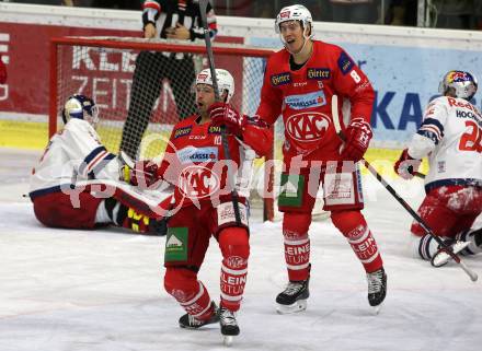 EBEL. Eishockey Bundesliga. KAC gegen EC Red Bull Salzburg.  Torjubel Kozek Andrew Jacob, Comrie Adam, 	(Salzburg). Klagenfurt, am 30.11.2018.
Foto: Kuess

---
pressefotos, pressefotografie, kuess, qs, qspictures, sport, bild, bilder, bilddatenbank