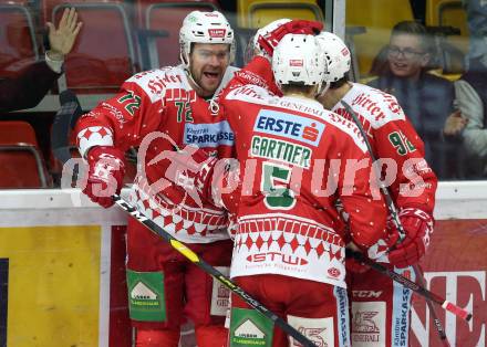 EBEL. Eishockey Bundesliga. KAC gegen	HC TWK Innsbruck (Die Haie).  Torjubel Siim Liivik, Marco Richter, Clemens Unterweger, Charles Robin Gartner (KAC). Klagenfurt, am 2.12.2018.
Foto: Kuess

---
pressefotos, pressefotografie, kuess, qs, qspictures, sport, bild, bilder, bilddatenbank