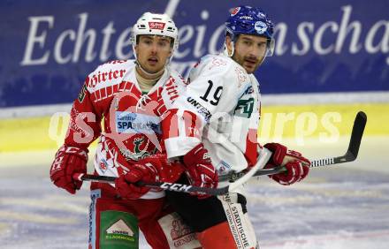 EBEL. Eishockey Bundesliga. KAC gegen	HC TWK Innsbruck (Die Haie).  Charles Robin Gartner,  (KAC), Tyler Spurgeon (Innsbruck). Klagenfurt, am 2.12.2018.
Foto: Kuess

---
pressefotos, pressefotografie, kuess, qs, qspictures, sport, bild, bilder, bilddatenbank