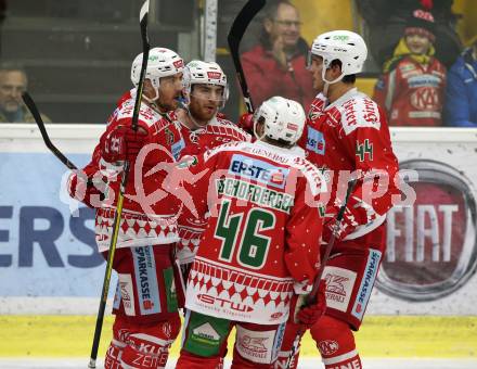 EBEL. Eishockey Bundesliga. KAC gegen	HC TWK Innsbruck (Die Haie).  Torjubel Mitch Wahl, Matthew Neal, Adam Comrie, Johannes Bischofberger (KAC). Klagenfurt, am 2.12.2018.
Foto: Kuess

---
pressefotos, pressefotografie, kuess, qs, qspictures, sport, bild, bilder, bilddatenbank