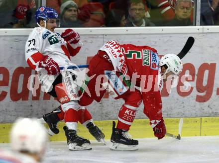 EBEL. Eishockey Bundesliga. KAC gegen	HC TWK Innsbruck (Die Haie).  Charles Robin Gartner,  (KAC), Daniel Wachter (Innsbruck). Klagenfurt, am 2.12.2018.
Foto: Kuess

---
pressefotos, pressefotografie, kuess, qs, qspictures, sport, bild, bilder, bilddatenbank