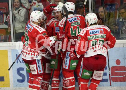 EBEL. Eishockey Bundesliga. KAC gegen	HC TWK Innsbruck (Die Haie).  Torjubel Nicholas Eric Petersen, Adam Comrie, Mitch Wahl, Vlemens Unterweger (KAC). Klagenfurt, am 2.12.2018.
Foto: Kuess

---
pressefotos, pressefotografie, kuess, qs, qspictures, sport, bild, bilder, bilddatenbank