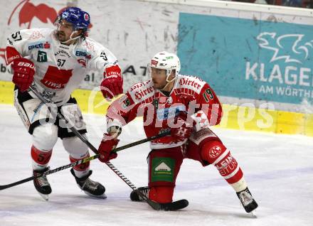 EBEL. Eishockey Bundesliga. KAC gegen	HC TWK Innsbruck (Die Haie).  Mitch Wahl,  (KAC), Andrew Clark (Innsbruck). Klagenfurt, am 2.12.2018.
Foto: Kuess

---
pressefotos, pressefotografie, kuess, qs, qspictures, sport, bild, bilder, bilddatenbank
