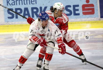 EBEL. Eishockey Bundesliga. KAC gegen	HC TWK Innsbruck (Die Haie).  Marcel Witting, (KAC), Philipp Lindner  (Innsbruck). Klagenfurt, am 2.12.2018.
Foto: Kuess

---
pressefotos, pressefotografie, kuess, qs, qspictures, sport, bild, bilder, bilddatenbank