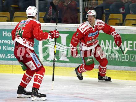 EBEL. Eishockey Bundesliga. KAC gegen	HC TWK Innsbruck (Die Haie).  Torjubel Nicholas Eric Petersen, Adam Comrie (KAC). Klagenfurt, am 2.12.2018.
Foto: Kuess

---
pressefotos, pressefotografie, kuess, qs, qspictures, sport, bild, bilder, bilddatenbank