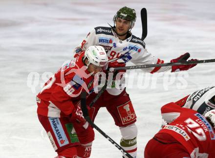 EBEL. Eishockey Bundesliga. KAC gegen	HCB Suedtirol Alperia. Kraus Nikolaus (KAC),  Frank Daniel (Bozen). Klagenfurt, am 9.12.2018.
Foto: Kuess

---
pressefotos, pressefotografie, kuess, qs, qspictures, sport, bild, bilder, bilddatenbank
