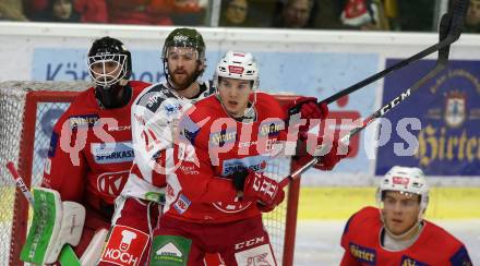 EBEL. Eishockey Bundesliga. KAC gegen	HCB Suedtirol Alperia. Unterweger Clemens, Lars Haugen  (KAC), Brace Riley (Bozen). Klagenfurt, am 9.12.2018.
Foto: Kuess

---
pressefotos, pressefotografie, kuess, qs, qspictures, sport, bild, bilder, bilddatenbank