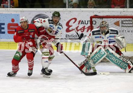 EBEL. Eishockey Bundesliga. KAC gegen	HCB Suedtirol Alperia.  Bischofberger Johannes (KAC), Marchetti Stefano, Irving Leland (Bozen). Klagenfurt, am 9.12.2018.
Foto: Kuess

---
pressefotos, pressefotografie, kuess, qs, qspictures, sport, bild, bilder, bilddatenbank